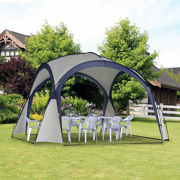 Outsunny Кемпінговий намет Садовий намет Marquee Party Tent Сонцезахисний козирок Атмосферостійкий стовп зі скловолокна + поліестеровий кремовий білий + синій 3.5 x 3.5 x 2.3 м
