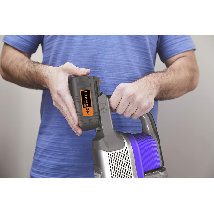 Акумуляторний пилосос BLACK+DECKER 4в1 для дому та тварин, 36В, 2.0А·год, без мішка, з електрощіткою для шерсті, 2в1 щілинна насадка, настінне кріплення, сріблясто-фіолетовий