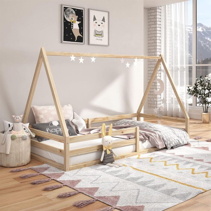 Дитяче ліжко-будиночок IDIMEX SILA з масиву сосни 90x190 см, Montessori, з бортиком і дахом, натуральне дерево