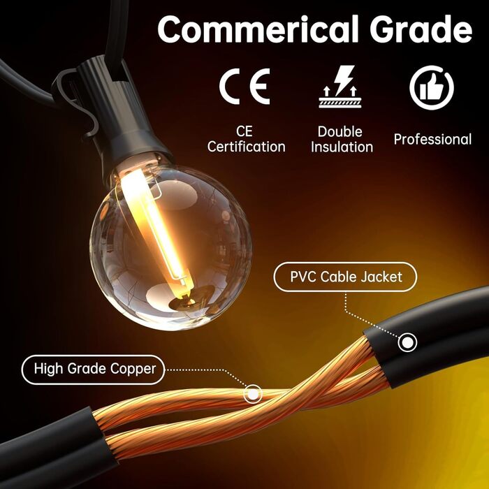 Світлодіодна гірлянда для вулиці, 60м, G40 LED, 104 пластикові лампочки, вологостійка IP45, димування, для зовнішнього використання, тераси, дерев, свят, 2700K тепле біле світло (2x30м)