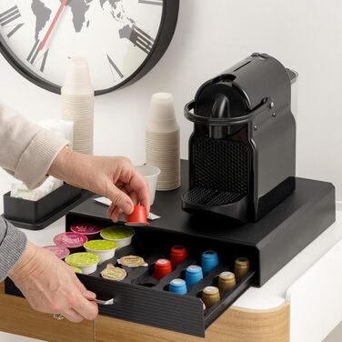 Органайзер для кавових капсул Baroni Home, універсальна шухляда для Nespresso та Dolce Gusto на 30 капсул, відсік для чаю та аксесуарів, компактний пластиковий підстаканник, 34x13x34 см, чорний