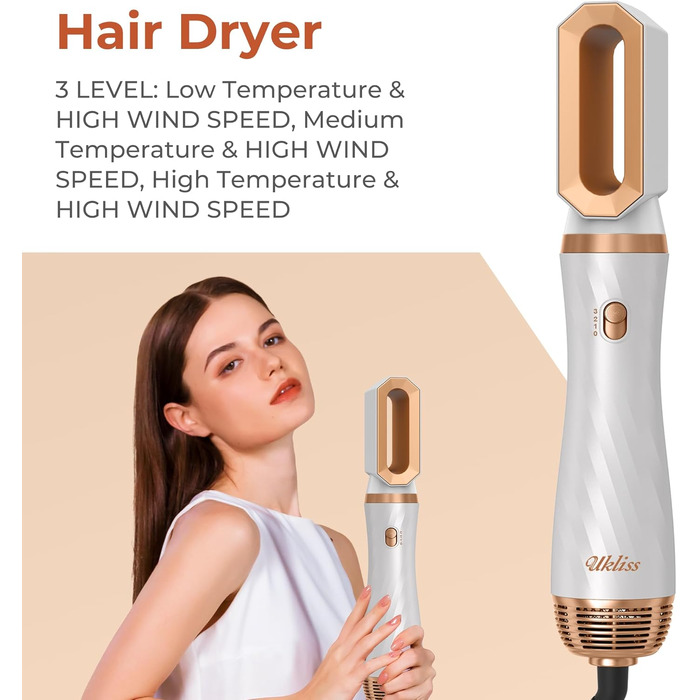 UKLISS Hairstyler 6 в 1: Професійний фен-щітка з насадками для укладки волосся 1000 Вт, повітряна щітка, мультистайлер, білий (золотий)