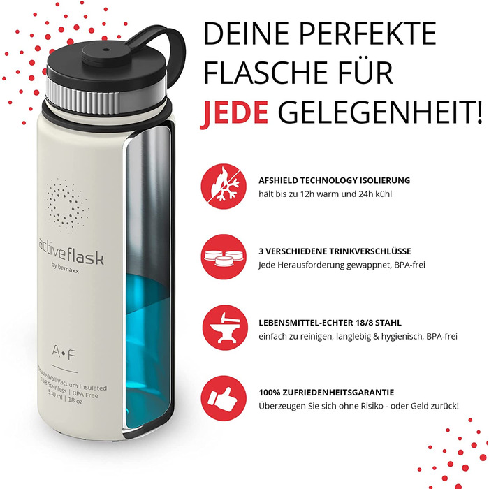 Термобутилка з нержавіючої сталі ACTIVE FLASK 530 мл з соломинкою, 3 кришки, BPA-free, герметична, підходить для газованої води, кремово-біла, для води, спорту, велосипеда, чаю, для дітей