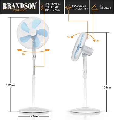 Вентилятор підлоговий Brandson 50 Вт, 40 см, білий: регульована висота, нахил 30°, 3 швидкості, коливання 80°