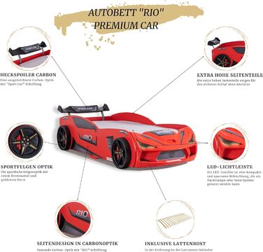 Дитяче автоліжко Aileenstore Rio 90x200, червоне, з LED-підсвіткою та спойлером, без матраца, без спортивних сидінь