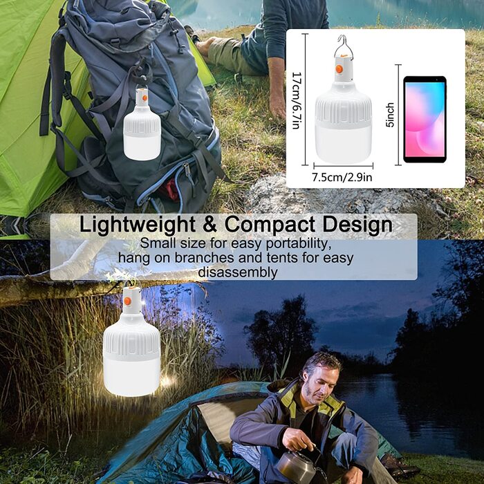 Набір із 2-х LED кемпінгових ламп AKOFIC, портативних, USB-акумулятор, 2 рівні яскравості, водонепроникні, для кемпінгу, риболовлі, саду, походів, грилю
