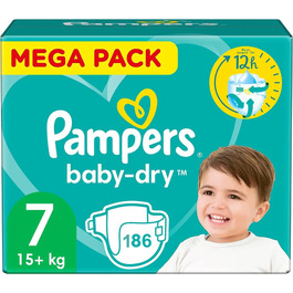 Підгузки Pampers Baby-Dry Нічні, розмір 7 (15+ кг), 186 шт, Mega Pack на 1 місяць, до 12 годин сухості, противитікання