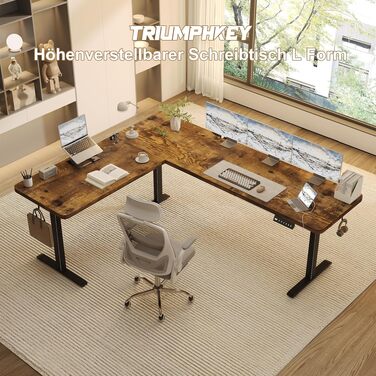 Ергономічний кутовий стіл TRIUMPHKEY з електроприводом та регулюванням висоти, 160x140 см, коричневий. Комп'ютерний стіл з пам'яттю, кабельною організацією та гачками