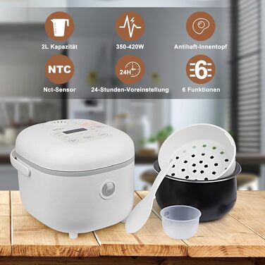 Рисварка електрична Bear 2л, 350W, 6 програм, на 2-4 особи, біла - для приготування рису та на пару