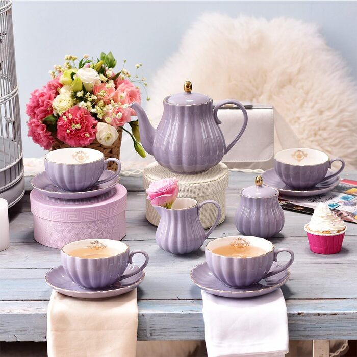 Чайний сервіс Sweejar Home Porzellan British Royal, 6 персон, з чайником, цукорницею, ложками та ситечком, для High Tea (FloralD), фіолетові чашки