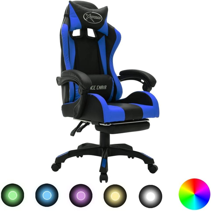 Ігрове крісло vidaXL з RGB LED, підставка для ніг, регульоване по висоті, офісне, комп'ютерне, спортивне, синьо-чорне, екошкіра