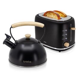 Тостер Briebe Nordic на 2 тости з широкими слотами та підставкою для булочок, 6 рівнів підсмажування + Електричний чайник індукційний 2.3л, нержавіюча сталь, BPA-free, Набір для сніданку в скандинавському стилі (Чорний)