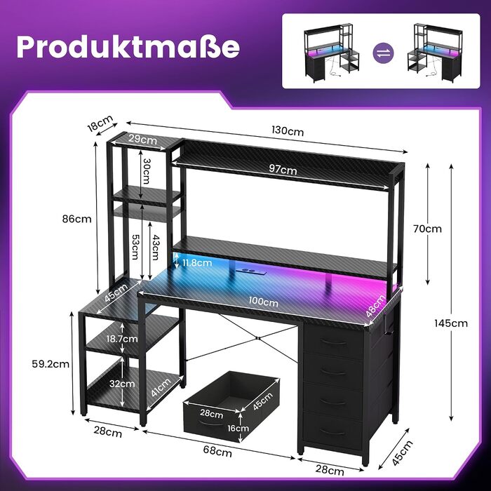 Ігровий стіл YOUDENOVA з шухлядами та полицями, 130x48 см, з LED-підсвіткою, розеткою та USB, комп'ютерний стіл з підставкою для монітора та тримачем для навушників, вуглецеве волокно, чорний
