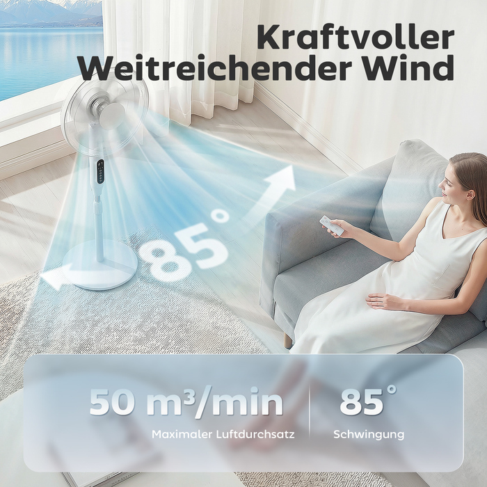 Вентилятор підлоговий з таймером на 15 годин, кутом коливання 85°, LED-панеллю керування, пультом дистанційного керування, білий