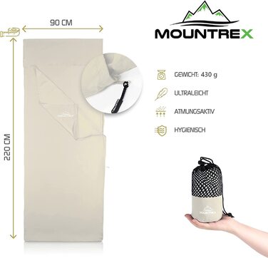 MOUNTREX® Літній туристичний спальний мішок-вкладка з блискавкою, 220x90 см, для кемпінгу та дому, компактний, м'який, екрю