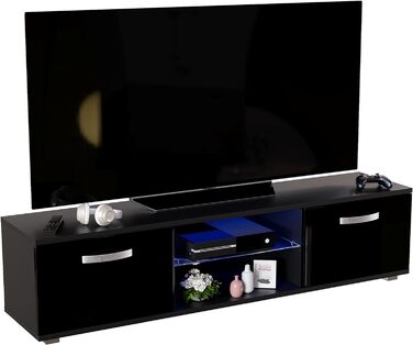 Тумба під телевізор Vida Designs Cosmo з LED-підсвіткою, 2 двері, сучасна, глянцева і матова, MDF, чорна, 160 см, медіа-стійка для вітальні, меблі з RGB освітленням