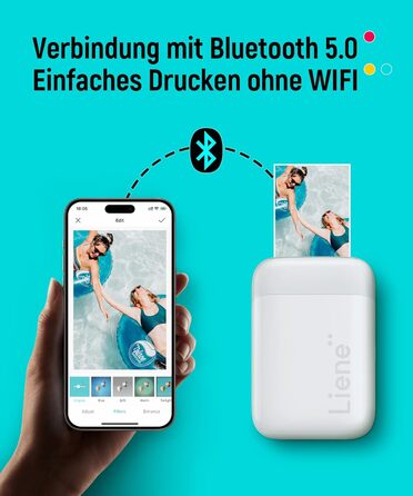 Liene Pearl K100 Міні-фотопринтер для смартфонів, білий. Підтримка Bluetooth 5.0, сумісний з iOS та Android, 5 листів фотопаперу.