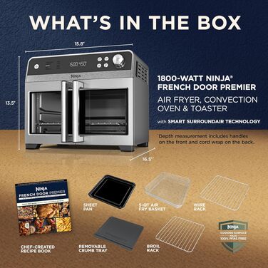 Мультипіч Ninja French Door Premier Air Fry Oven 10-в-1, 20.3 л, з кошиком для фритюрниці 5 л та аксесуарами, чорна, FO101BK