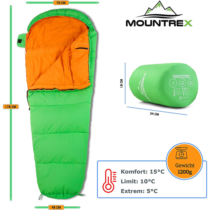 Дитячий спальний мішок MOUNTREX мумія, рюкзак, бавовна, синьо-зелений, 175x70x45 см для кемпінгу, подорожей, намету, легкий та компактний