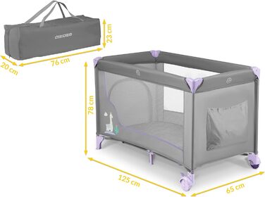 Дитяче ліжечко-манеж Ricokids, складане, 125x65x78 см, 15 кг, з матрацом і колесами, бічний вхід, світло-сірий та лавандовий