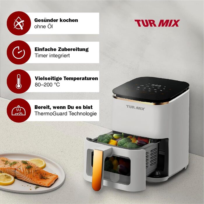 Аерофритюрниця TURMIX CX 250 Compact біла, 3.5л, 1350Вт, з сенсорним дисплеєм, 10 програмами та прозорим вікном