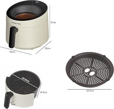 Аерофритюрниця Russell Hobbs SatisFry Panoramic 5 л, 10 програм, з оглядовим вікном, без олії, для фритюру, грилю, запікання та випікання, до 200°C, підходить для посудомийної машини, кремова, модель 27421-56