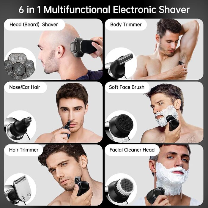 Електрична бритва для гоління голови чоловіча 9D Skull Shaver, водонепроникна IPX7, LCD-дисплей, 6-в-1 з тримером для носа, Type-C зарядка