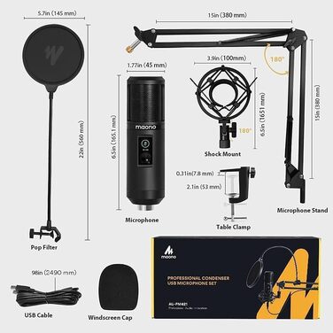 MAONO USB мікрофон для ПК з тримачем, конденсаторний мікрофон для стрімінгу, запису, геймінгу, подкастів, YouTube, Twitch, з кнопкою вимкнення звуку, поп-фільтром, 192 кГц/24 біт, для PS4/5, модель PM421