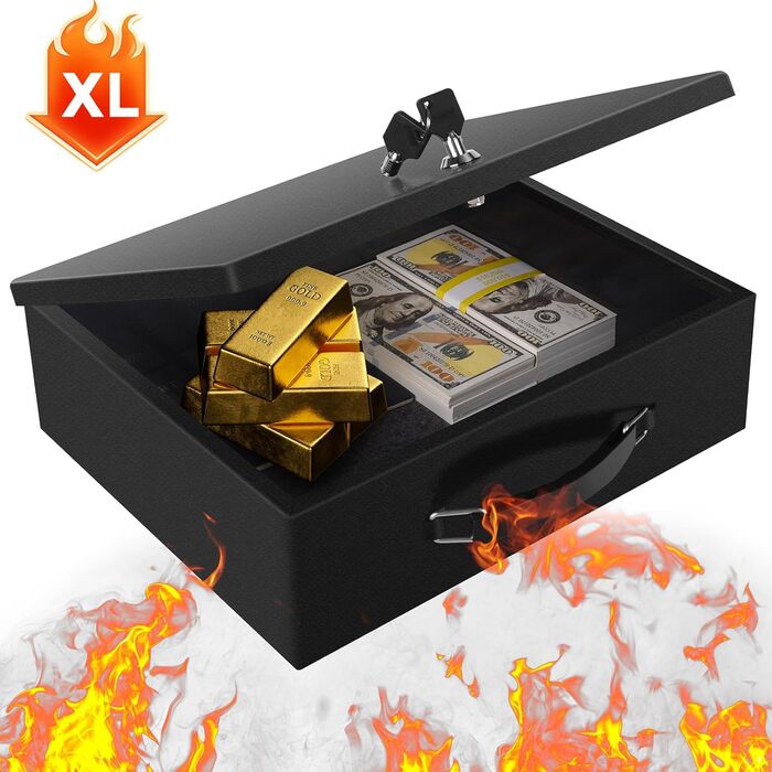 Вогнестійкий сейф для документів з ключовим замком, 33.5x28x10.5 см (Чорний)