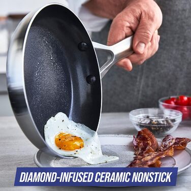 Сковорідки Blue Diamond Triple Steel, діамантове керамічне антипригарне покриття, нержавіюча сталь, набір 2 шт (24 см і 26 см), тришарові, без PFAS, для індукції, можна мити в посудомийці та використовувати в духовці, сріблясті