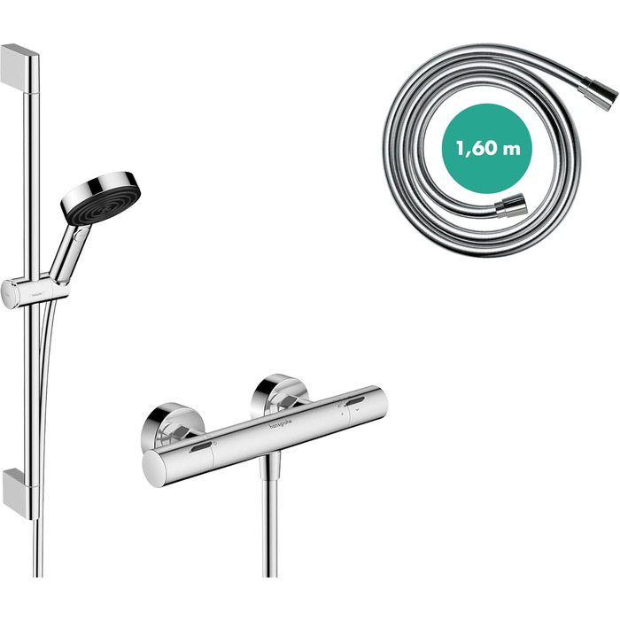Змішувач Hansgrohe Ecostat Fine для ванни з термостатом (40°C) та двома виходами, комплект з душовою лійкою та штангою (65 см), хром