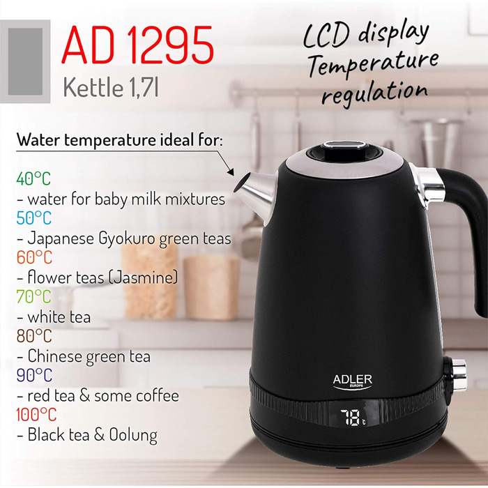 Електрочайник Adler AD 1295b, 1,7 л, нержавійка, LCD-дисплей, терморегулятор, чорний