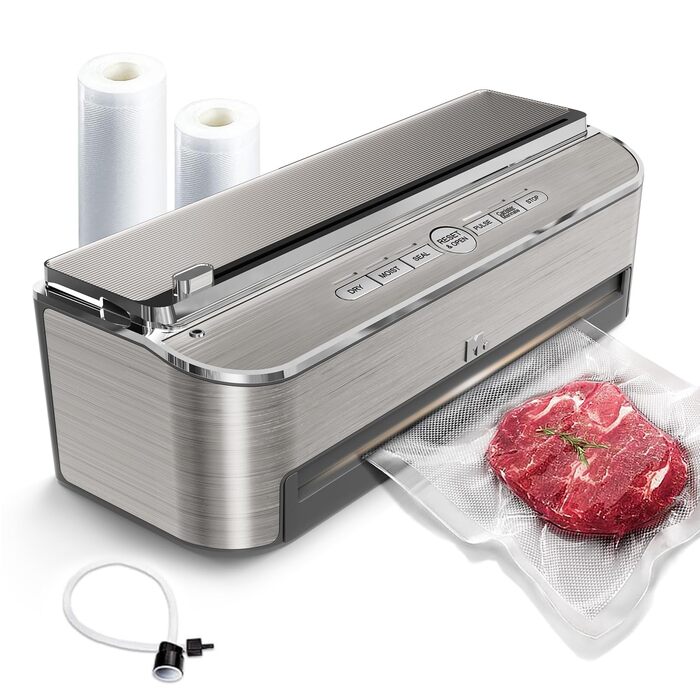 Вакууматор Mesliese 85kPa 120W для продуктів, автоматична машина для вакуумного пакування з вбудованим різаком та відсіком для пакетів, сталь, 2 рулони в комплекті