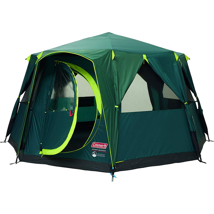 Намет Coleman Octagon з великими вікнами, 360° оглядом, сталевим каркасом, інтегрованою підлогою, водонепроникний, зелений/blackout, на 1 особу