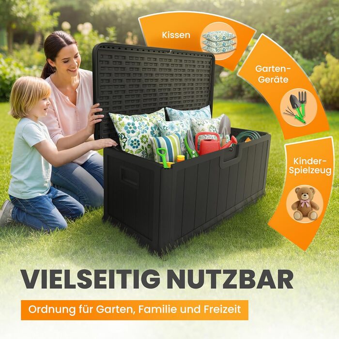 Водонепроникний садовий ящик Gartenbox 375L чорний - велика коробка для зберігання речей на вулиці, для подушок, садових меблів, посилок