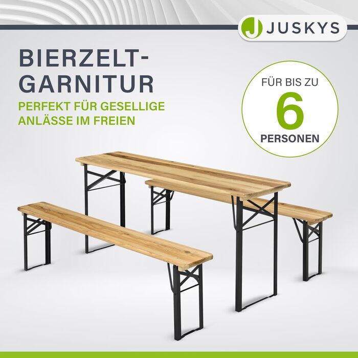 Садовий комплект меблів Juskys Bichl: складаний стіл та 2 лавки з дерева, 170x46x77 см, бенкетний набір для кемпінгу та пікніка