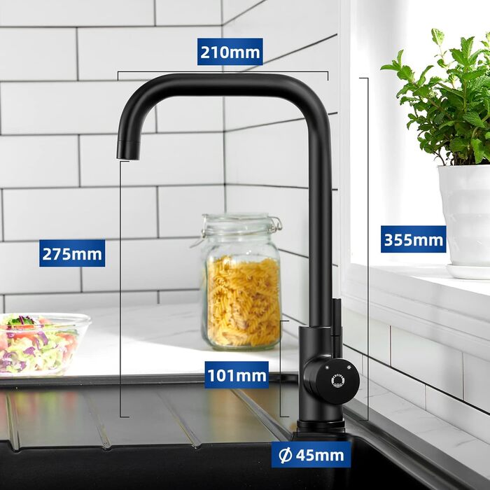 Змішувач для кухні CECIPA чорний з нержавіючої сталі, поворотний на 360°, з одноважільним керуванням, підключення G3/8