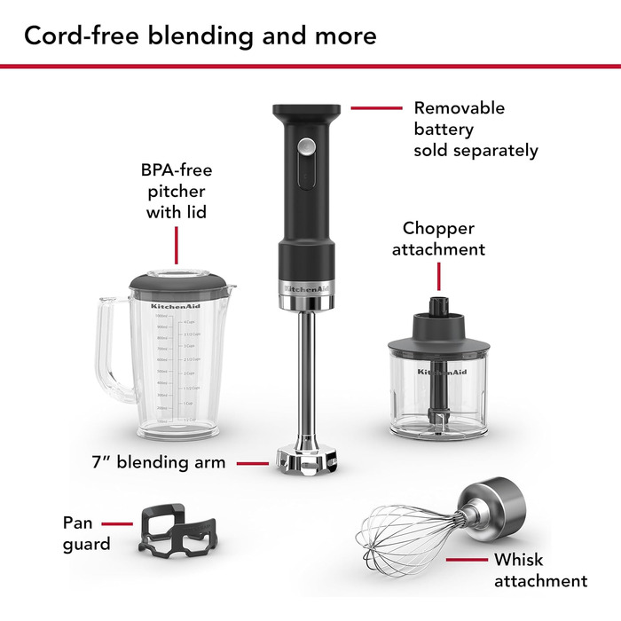 Погружний блендер KitchenAid Go KHBRV05BM з насадками, акумулятор продається окремо