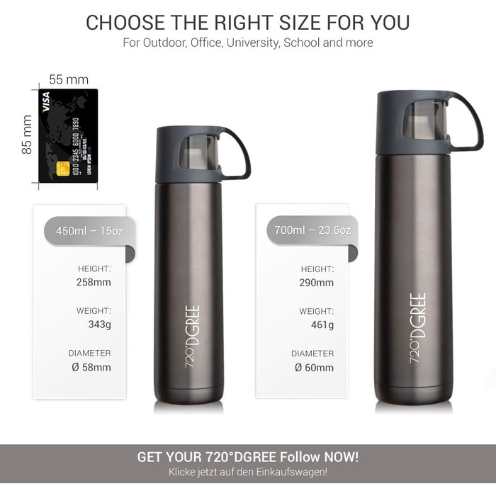Термос 720°DGREE Follow з чашкою, 700 мл, стальний, герметичний, BPA-free, для кави, чаю, для дітей, школи, роботи, outdoor, сірий