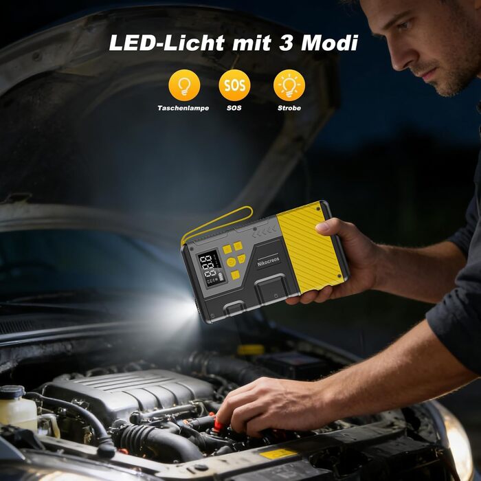 Пусковий пристрій Powerbank Jump Starter з компресором для шин 3000A, 150 PSI, LCD-дисплеєм та LED-ліхтарем (Жовтий)