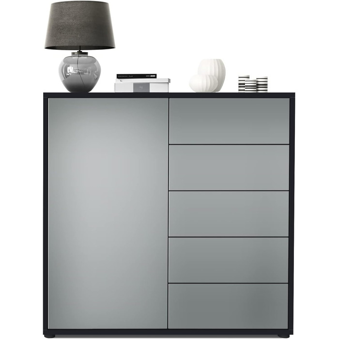 Комод Vladon Ben V2, 1 дверцята, 5 шухляд, чорний матовий/авола-антрацит, 79x74x36 см, корпус матовий, фасад авола-антрацит, вироблено в Німеччині
