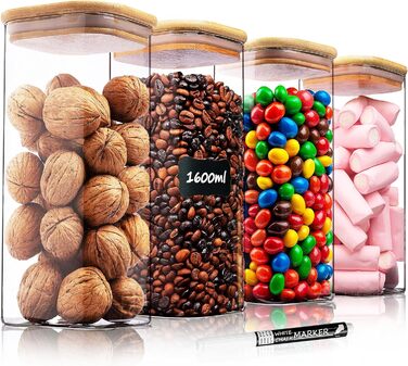 Набір скляних банок Deco haus 1600 мл з кришками, 4 шт, герметичні, для зберігання круп, мюслі, макаронів, із етикетками