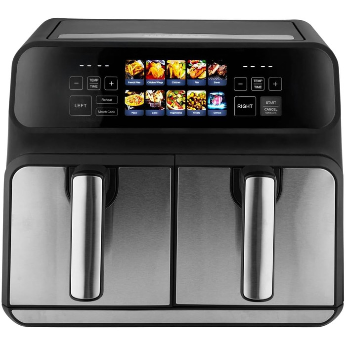 Аерофритюрниця ProfiCook 8 л з двома камерами, 2200 Вт, подвійна, без олії, кольоровий дисплей, модель 2024, чорна-нерж.