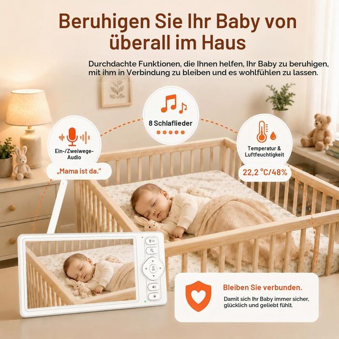 Відеоняня HelloBaby з WiFi та камерою: монітор з нічним баченням, датчиком руху, двостороннім аудіо та керуванням через додаток (5.5 дюймів, білий)