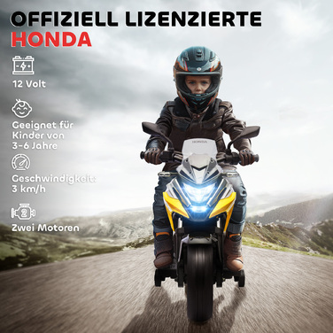 Електромотоцикл для дітей Honda, 3 км/год, музика та світло, для дітей 3-6 років, до 30 кг, жовтий