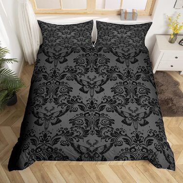 Комплект постільної білизни Homemissing Vintage Damaskus: підковдра 140x200 см, готичний стиль з квітами та черепами, орієнтальний бохо дизайн, чорний, 2 предмети