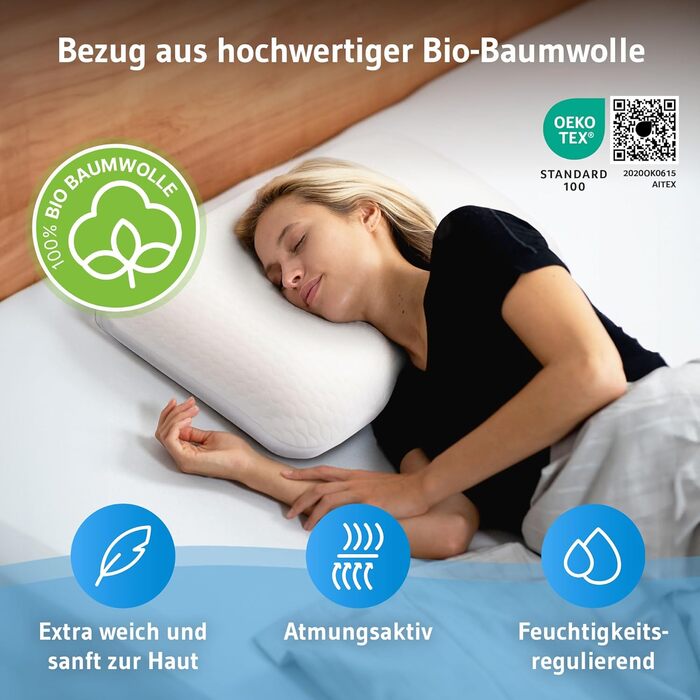 Ортопедична подушка Elora з Memory Foam, 40x60x12 см, для сну на боці та на спині, 100% органічна бавовна