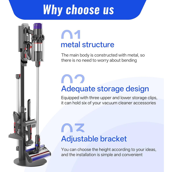 Підставка для пилососа Nukisa, сумісна з Dyson V15, V12, V11, V10, V8, V7 — металевий настінний тримач для бездротового пилососа та аксесуарів, розсувна полиця для насадок