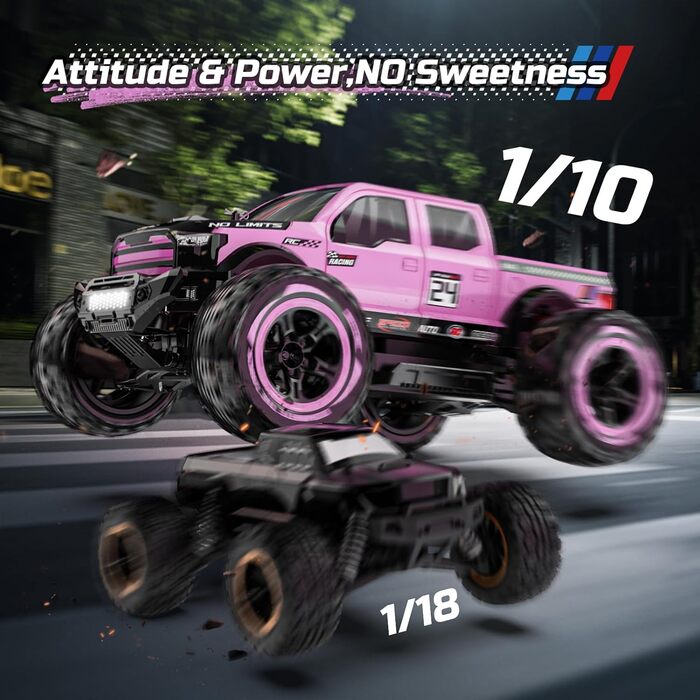 Радіокерований позашляховик DEERC 1:10 4WD 48+ км/год, Monstertruck для дорослих та дітей, рожевий, з 2 акумуляторами