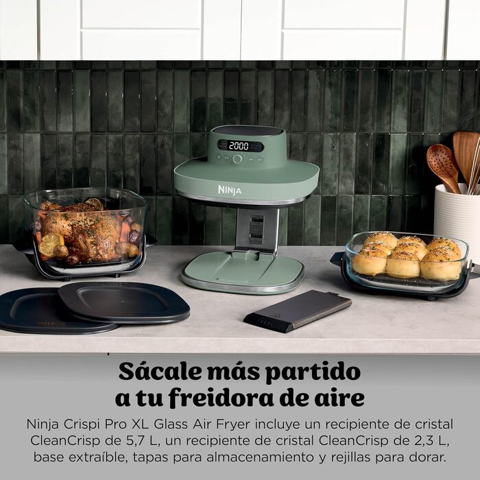 Скляна аерофритюрниця Ninja CRISPi PRO XL Air Fryer з 5 функціями, контейнерами CleanCrisp (5,7 л та 2,3 л) та кришкою для зберігання, колір моховий зелений, AS090EUGN
